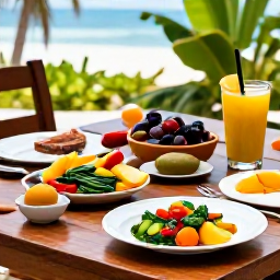 Caribbean Holidays, Trinidad Wellness Break, A relaxed Caribbean wellness meal with fresh tropical fruit, colourful vegetables and local ingredients on an outdoor table in Trinidad and Tobago
