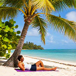 Caribbean Holidays, Trinidad Wellness Break, A traveller relaxing beneath palm trees beside a quiet Tobago beach, with a yoga mat, tropical greenery and calm turquoise water
