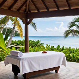 Caribbean Holidays, Trinidad Wellness Breaks, Elegant Caribbean wellness retreat with an outdoor treatment area, tropical greenery, natural wood and a calm sea view