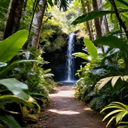 Caribbean Holidays, Trinidad Wellness Breaks, Lush rainforest trail in Tobago with tropical plants, filtered sunlight and a small waterfall creating a calm natural wellness setting