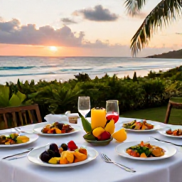 Caribbean Holidays, Trinidad Wellness Breaks, Outdoor Caribbean dining table with healthy local food, fresh tropical fruit and ocean views at sunset in Trinidad and Tobago