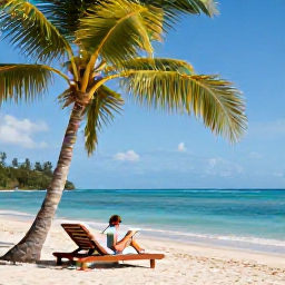 Caribbean Holidays, Trinidad Wellness Breaks, Traveller relaxing beneath palm trees beside a calm Caribbean beach in Tobago, with a book, shaded sun lounger and gentle waves