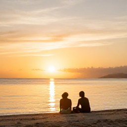 Caribbean Holidays, Trinidad Wellness, Caribbean sunset over a calm beach in Trinidad and Tobago, couple sitting quietly near the water, warm golden sky and relaxed holiday mood
