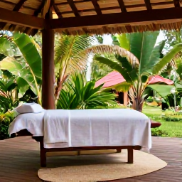 Caribbean Holidays, Trinidad Wellness May, Peaceful wellness retreat in Trinidad surrounded by tropical greenery, with a massage treatment area and natural wooden details
