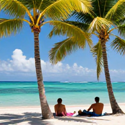 Caribbean Holidays, Trinidad Wellness May, Quiet May afternoon on a Tobago beach, with a couple relaxing beneath palm trees beside clear Caribbean water