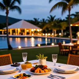 Caribbean Holidays, Trinidad Wellness, Peaceful Caribbean evening in Trinidad and Tobago, outdoor dining table with healthy local food, soft lights and tropical surroundings