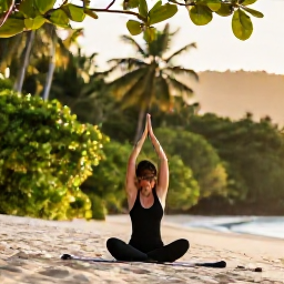 Caribbean Holidays, Trinidad Wellness, Person enjoying a gentle yoga session beside a Caribbean beach in Tobago, lush greenery, warm morning light and tranquil surroundings