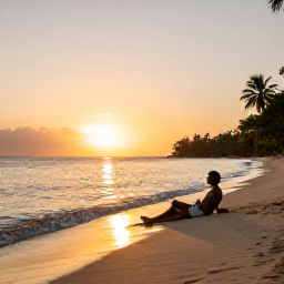 Caribbean Holidays, Trinidad Wellness, Quiet Tobago beach at sunset with a traveller relaxing near the shoreline, warm golden light, tranquil Caribbean atmosphere