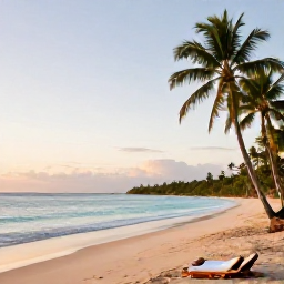 Caribbean Holidays, Trinidad Wellness, Quiet tropical beach in Trinidad and Tobago at sunrise, calm turquoise sea, soft sand, palm trees and a peaceful wellness holiday atmosphere