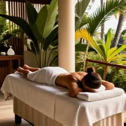 Caribbean Holidays, Trinidad Wellness, Relaxing Caribbean spa treatment in a calm open-air setting, tropical plants, natural textures and soft afternoon light