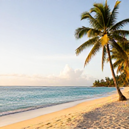 Caribbean Holidays, Trinidad Wellness, Relaxing tropical beach in Trinidad and Tobago in February, calm turquoise sea, soft sand, palm trees and gentle morning sunlight