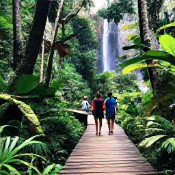 Caribbean Holidays, Trinidad Wellness, Visitors walking through lush rainforest near a waterfall in Trinidad, with wooden trails and tropical vegetation