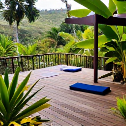 Caribbean Holidays, Trinidad Wellness, Wellness retreat surrounded by tropical greenery in Trinidad, open-air yoga deck, lush plants and peaceful natural setting