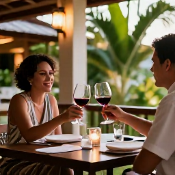 Caribbean Holidays, Trinidad Wine Tasting, A couple raising wine glasses on a softly lit Trinidad restaurant terrace after a tasting, with tropical greenery in the background