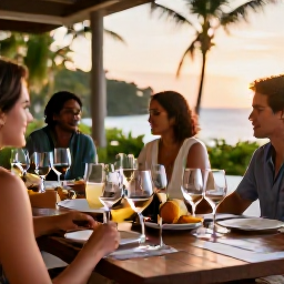 Caribbean Holidays, Trinidad Wine Tasting, A relaxed wine tasting table at a Caribbean resort in Trinidad, with wine glasses, local tropical fruit and warm evening light