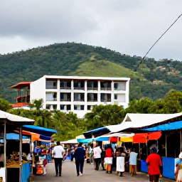 Caribbean Holidays, Trinidad Wine Tasting, A scenic August afternoon in Trinidad with visitors travelling between a modern resort, green hills and a colourful local market