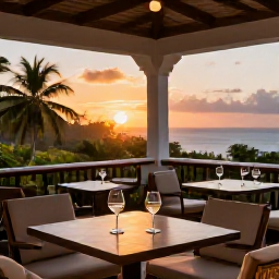 Caribbean Holidays, Trinidad Wine Tasting, A stylish Caribbean hotel terrace at sunset, with wine glasses, comfortable seating and views across Trinidad&rsquo;s tropical landscape