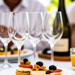 Caribbean Holidays, Trinidad Wine Tasting, Close-up of wine glasses and Caribbean-inspired appetisers at a relaxed Trinidad tasting event