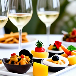 Caribbean Holidays, Trinidad Wine Tasting, Close-up of wine glasses beside Caribbean-inspired appetisers, including fresh seafood, tropical fruit and spicy local dishes