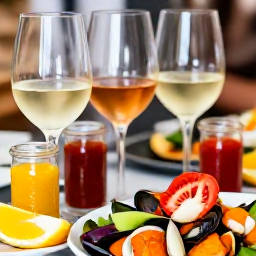 Caribbean Holidays, Trinidad Wine Tasting, Close-up of wine glasses beside Caribbean seafood, pepper sauces, tropical fruit and elegant tasting notes