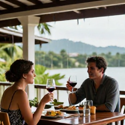 Caribbean Holidays, Trinidad Wine Tasting, Couple enjoying wine and Caribbean dinner on a covered terrace in Trinidad after a warm July shower