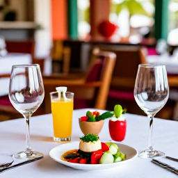 Caribbean Holidays, Trinidad Wine Tasting, Elegant wine glasses and Caribbean-inspired dishes on a tasting table in Port of Spain, with colourful local ingredients and a welcoming restaurant setting