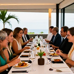 Caribbean Holidays, Trinidad Wine Tasting, Elegant wine tasting event in a modern Caribbean venue in Trinidad, with wine glasses, local food and warmly dressed guests