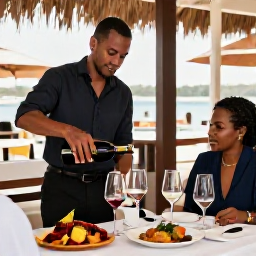 Caribbean Holidays, Trinidad Wine Tasting, Elegant wine tasting in a Port of Spain restaurant, with knowledgeable host pouring wine beside Caribbean cuisine