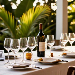 Caribbean Holidays, Trinidad Wine Tasting, Elegant wine tasting table at a Caribbean estate in Trinidad, with wine glasses, bottles, tropical greenery and warm afternoon light
