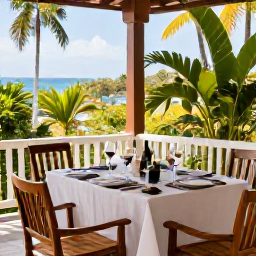 Caribbean Holidays, Trinidad Wine Tasting, Elegant wine tasting table on a sunny Trinidad terrace, tropical greenery, Caribbean atmosphere