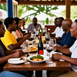 Caribbean Holidays, Trinidad Wine Tasting, Friends enjoying a guided wine tasting in an elegant Trinidad restaurant, with Caribbean dishes and bottles arranged on a wooden table