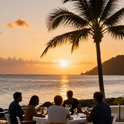 Caribbean Holidays, Trinidad Wine Tasting, Golden sunset over a Caribbean coastline in Trinidad and Tobago, with calm sea, palm trees and an inviting evening dining setting