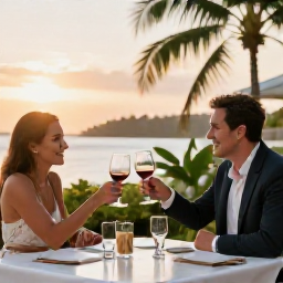 Caribbean Holidays, Trinidad Wine Tasting, Happy couple raising wine glasses at a stylish Caribbean restaurant, with tropical surroundings and sunset light