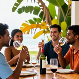 Caribbean Holidays, Trinidad Wine Tasting, Happy travellers enjoying a relaxed Caribbean wine tasting in Trinidad, tasteful setting with tropical plants