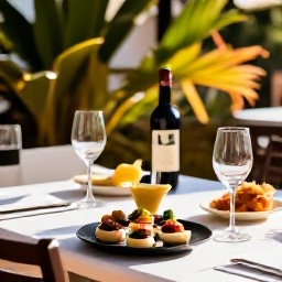Caribbean Holidays, Trinidad Wine Tasting, Outdoor wine tasting table in Trinidad with glasses, Caribbean appetisers, tropical plants and warm July sunshine
