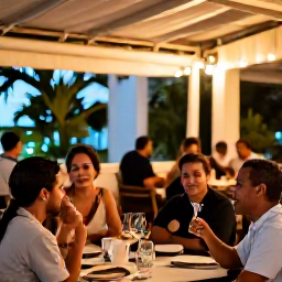 Caribbean Holidays, Trinidad Wine Tasting, Relaxed evening wine tasting in Port of Spain, with an inviting restaurant terrace, soft lights and guests enjoying conversation