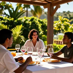 Caribbean Holidays, Trinidad Wine Tasting, Relaxed outdoor wine tasting at a boutique vineyard-style venue in Trinidad, with tropical greenery, elegant glasses and warm January sunshine