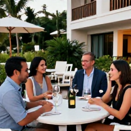 Caribbean Holidays, Trinidad Wine Tasting, Relaxed wine tasting experience at a stylish Caribbean hotel in Trinidad during July, with tropical greenery and soft evening light