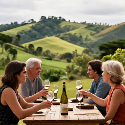 Caribbean Holidays, Trinidad Wine Tasting, Scenic Trinidad countryside with lush hills, a peaceful estate and a small group enjoying an outdoor wine and food experience