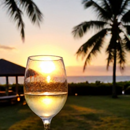 Caribbean Holidays, Trinidad Wine Tasting, Scenic Trinidad evening with a wine glass in the foreground, palms and warm golden light