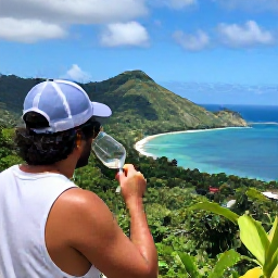 Caribbean Holidays, Trinidad Wine Tasting, Traveller enjoying a scenic Trinidad coastal viewpoint after a wine tasting, with lush hills and blue Caribbean water
