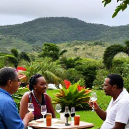 Caribbean Holidays, Trinidad Wine Tasting, Visitors enjoying a scenic January excursion through Trinidad, with forested hills, tropical plants and a relaxed Caribbean holiday atmosphere