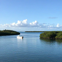Caribbean Holidays, Turks and Caicos, A small boat travelling across calm blue water towards unspoilt islands and mangroves in Turks and Caicos
