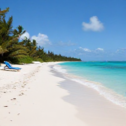 Caribbean Holidays, Turks and Caicos, A wide white-sand beach beside clear turquoise water on Providenciales, Turks and Caicos, with a few sun loungers and green palms