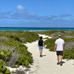 Caribbean Holidays, Turks and Caicos Adventures, Hikers walking along a quiet sandy trail through coastal scrub with ocean views on Providenciales, Turks and Caicos