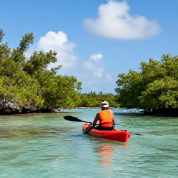 Caribbean Holidays, Turks and Caicos Adventures, Visitors kayaking through clear shallow water beside mangroves and limestone cays in the Turks and Caicos Islands