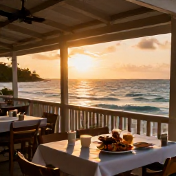 Caribbean Holidays, Turks and Caicos, An informal seaside restaurant serving fresh seafood at sunset in Turks and Caicos, with outdoor tables and gentle waves nearby