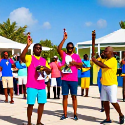 Caribbean Holidays, Turks and Caicos August, Colourful Junkanoo-style cultural festival in Grand Turk, with musicians, dancers and local spectators in bright summer clothing