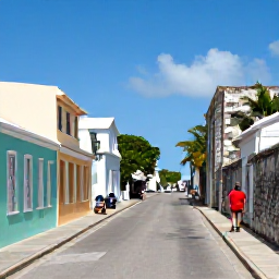 Caribbean Holidays, Turks and Caicos August, Historic Cockburn Town street on Grand Turk, showing pastel buildings, old stone walls and visitors exploring on foot