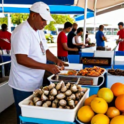 Caribbean Holidays, Turks and Caicos August, Local Turks and Caicos food market with fresh conch, grilled seafood, tropical fruit and friendly island cooks